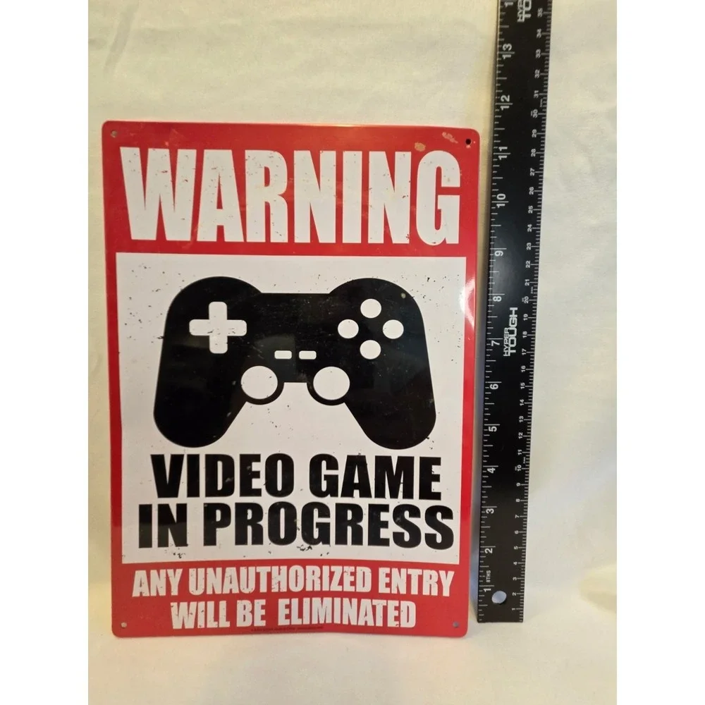 WARNING Video Game In Progress Metal Wall Sign Hanging 8.5x11 Vertical